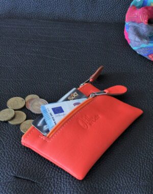 Porte monnaie en cuir pour femme rouge et les zippes orange